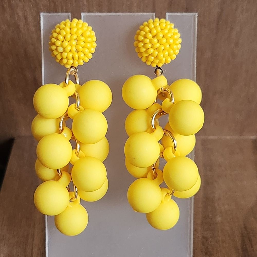 Yellow Matte Berry Cluster Drop Statement‎ Earrings Beaded Post Summer Retro